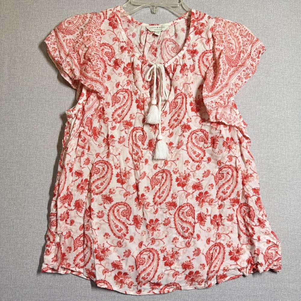 Lucky Brand Blouse Womens M Red Paisley Tassel V Neck Flutter Sleeve Boho